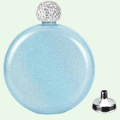 Pretty Glitter Coating Stainless Steel Wine Flask, Rhinestone Cap, 5 oz Capacity, Portable Liquor Flask for Beach BBQs and Outdoor