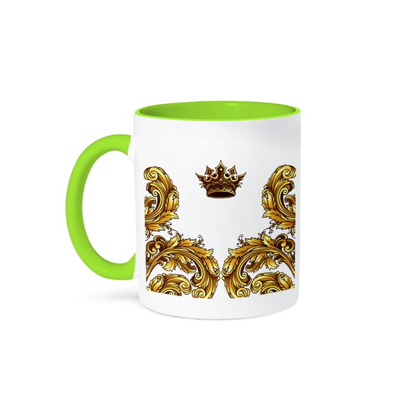 3dRose, Pretty Gold Royal Flourish Corners With A Crown, 11oz Two-Tone Green Mug