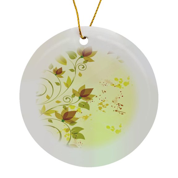 3drose, Pretty Green and Yellow Flowers and Swirls, Circle Porcelain Ornament