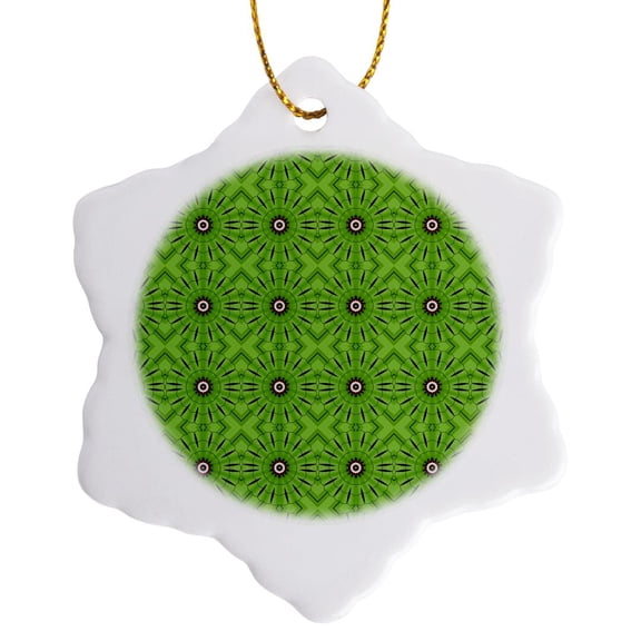 3drose, Pretty Green Fan Circles with Deep Blue and White Centers Kaleidoscope Pattern, 3 inch Snowflake Porcelain Ornament