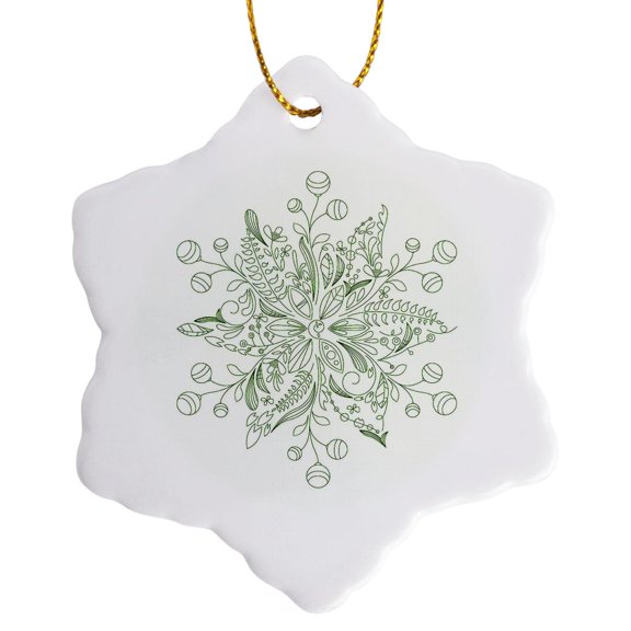 Pretty Green Flowered Snowflake On A White Background, 3 inch Snowflake Porcelain Ornament