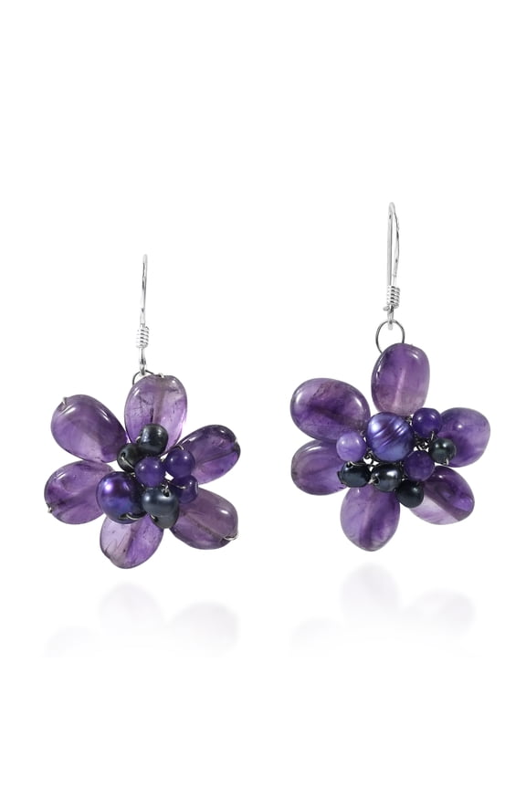 Pretty Handmade Amethyst Cluster Floral .925 Silver Earrings