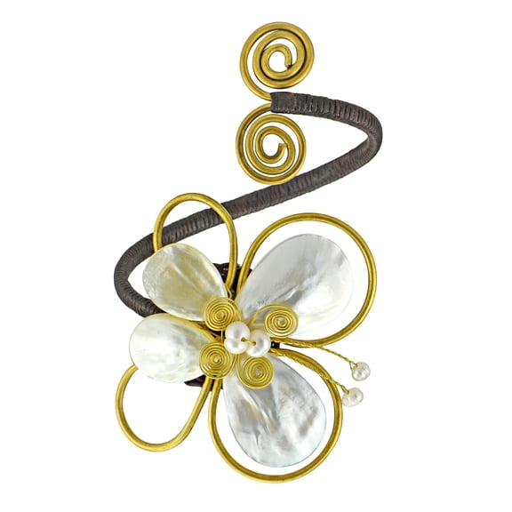 Pretty Handmade White/Pearl Butterfly Brass Cuff