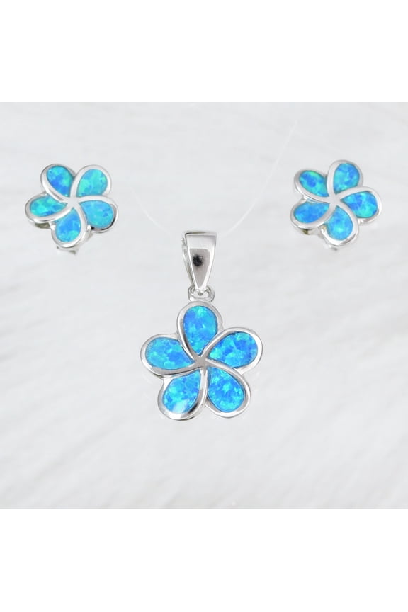 Pretty Hawaiian Blue Opal Plumeria Necklace and Earring, Sterling Silver Blue Opal Plumeria Flower Charm Pendant N2018S Birthday Mom Gift