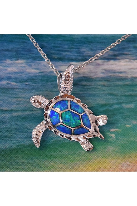 Pretty Hawaiian Sea Turtle Necklace, Sterling Silver Blue Opal Turtle Pendant, N6021 Birthday Valentine Wife Mom Gift, Island Jewelry