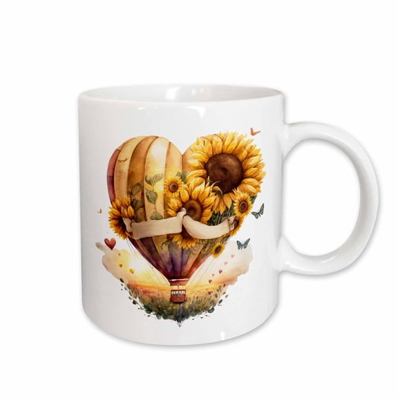 3drose, Pretty Heart Shaped Sunflower Hot Air Balloon Illustration, 15oz Mug