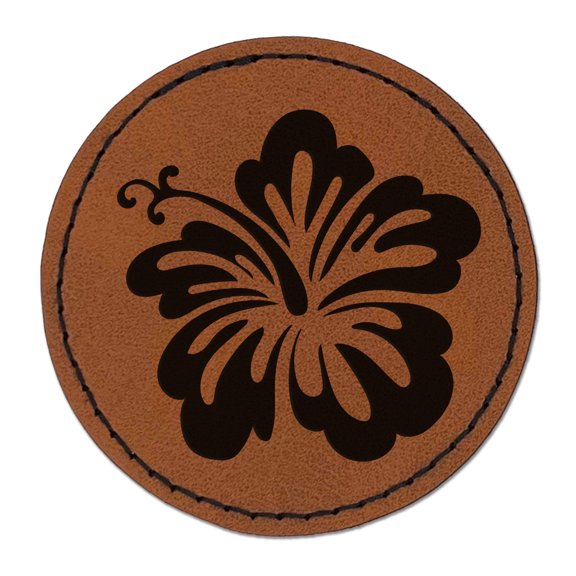 Pretty Hibiscus Flower Tropical 2.5" Faux Leather Round Engraved Iron-On Patch - Brown