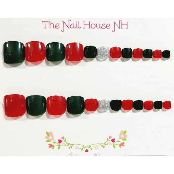 Pretty Holiday Toes Glossy Press On Toenails - 24 Pieces - Artificial Nail Kit - Christmas Toenails