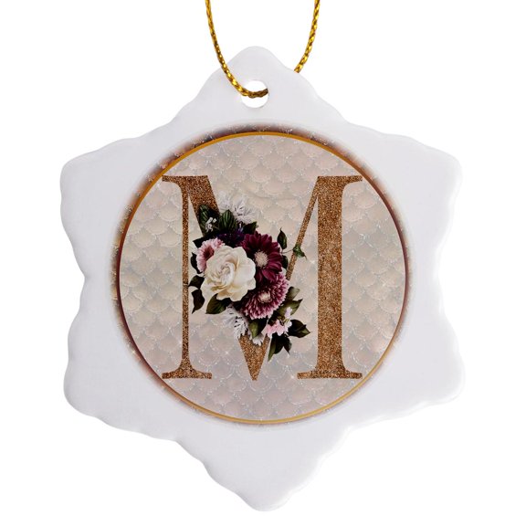 3drose, Pretty Image of Copper Gold Pink Floral Monogram Initial M, 3 inch Snowflake Porcelain Ornament