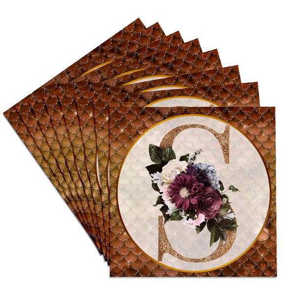 3drose, Pretty Image of Copper Gold Pink Floral Monogram Initial S, Set of 8 Ceramic Tile Coasters