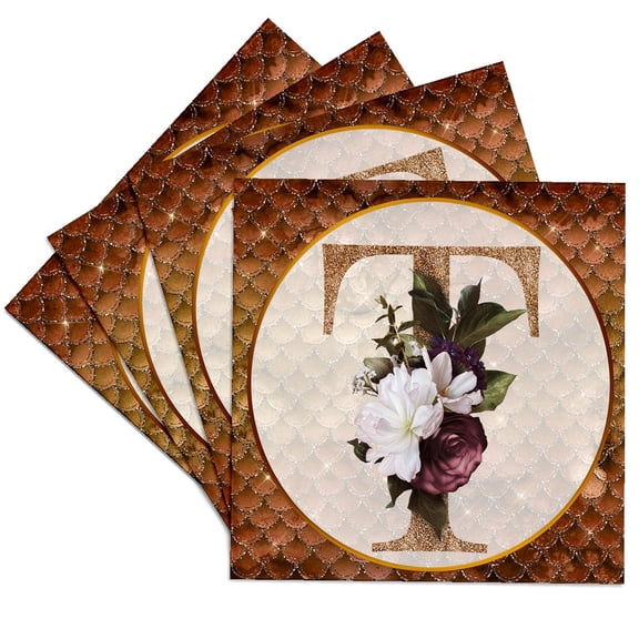 3drose, Pretty Image of Copper Gold Pink Floral Monogram Initial T, Set of 4 Ceramic Tile Coasters