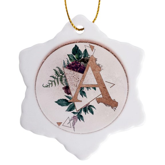 3drose, Pretty Image of Rose Gold Geometric Floral Monogram Initial A, 3 inch Snowflake Porcelain Ornament