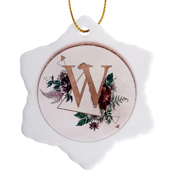 3drose, Pretty Image of Rose Gold Geometric Floral Monogram Initial W, 3 inch Snowflake Porcelain Ornament