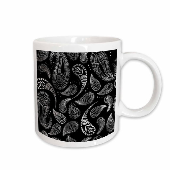 3drose, Pretty Image of Silver and Black Fancy Paisley Pattern, 15oz Mug