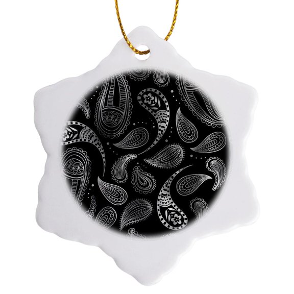 3drose, Pretty Image of Silver and Black Fancy Paisley Pattern, 3 inch Snowflake Porcelain Ornament