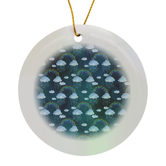 3drose, Pretty Image of Sparkle Rainbows, Clouds, and Rain Pattern, Circle Porcelain Ornament