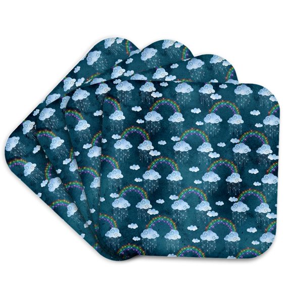 3drose, Pretty Image of Sparkle Rainbows, Clouds, and Rain Pattern, Set of 4 Coasters - Soft