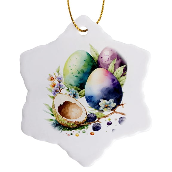 3drose, Pretty Image of Watercolor Easter Eggs with One Half Egg, 3 inch Snowflake Porcelain Ornament