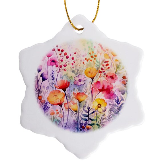 3drose, Pretty Image of Watercolor Field of Spring Flowers, 3 inch Snowflake Porcelain Ornament