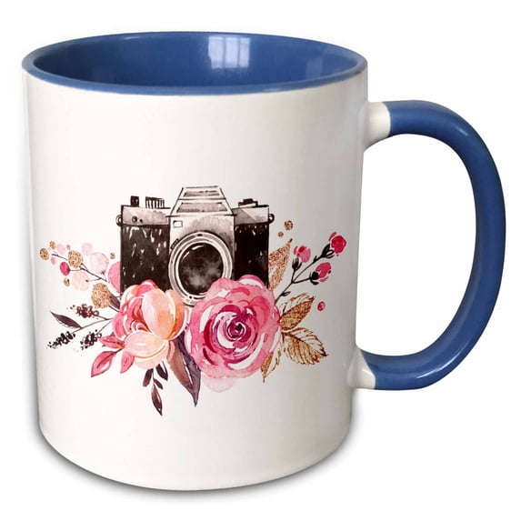 3drose, Pretty Image of Watercolor Floral Camera Illustration, 15oz Two-tone Blue Mug