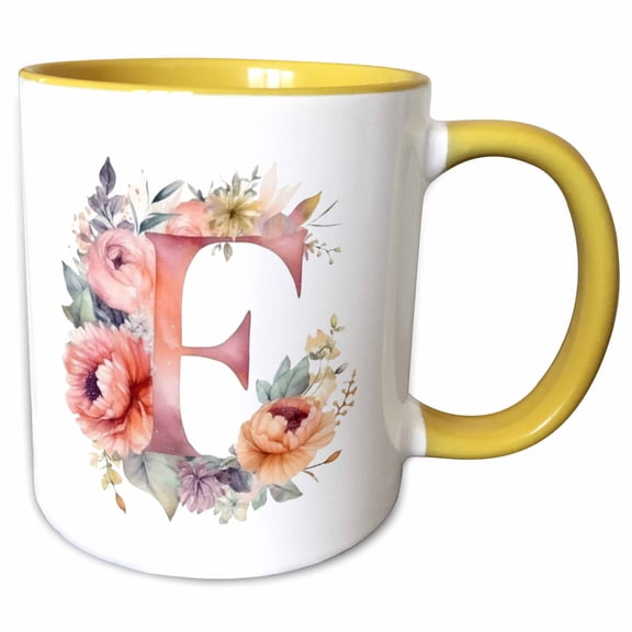 3drose, Pretty Image of Watercolor Floral Monogram Initial F, 11oz Two-tone Yellow Mug