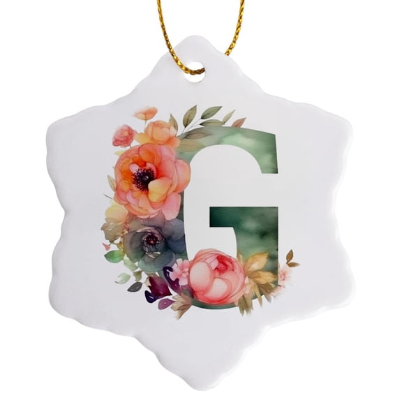 3drose, Pretty Image of Watercolor Floral Monogram Initial G, 3 inch Snowflake Porcelain Ornament