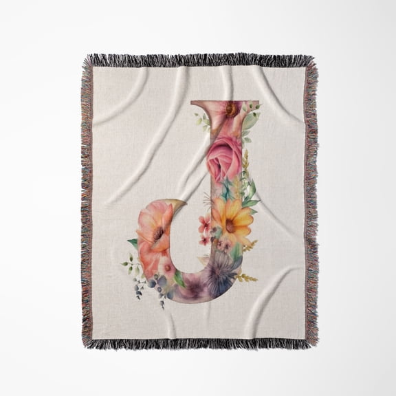 Pretty Image Of Watercolor Floral Monogram Initial J, Woven Blanket