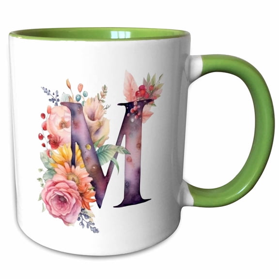 3drose, Pretty Image of Watercolor Floral Monogram Initial M, 11oz Two-tone Green Mug