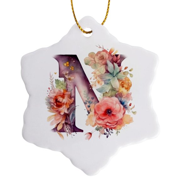 3drose, Pretty Image of Watercolor Floral Monogram Initial N, 3 inch Snowflake Porcelain Ornament