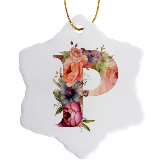 3drose, Pretty Image of Watercolor Floral Monogram Initial P, 3 inch Snowflake Porcelain Ornament