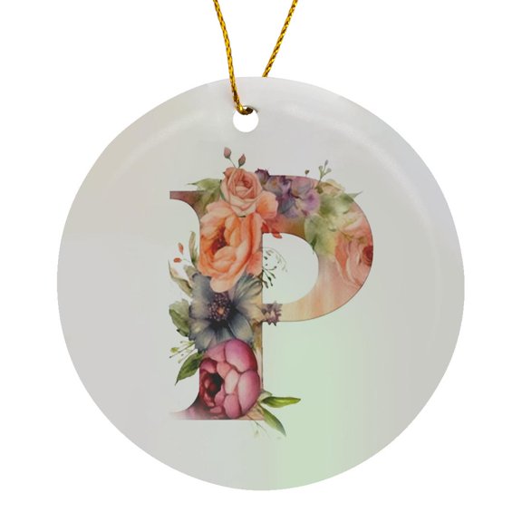 3drose, Pretty Image of Watercolor Floral Monogram Initial P, Circle Porcelain Ornament