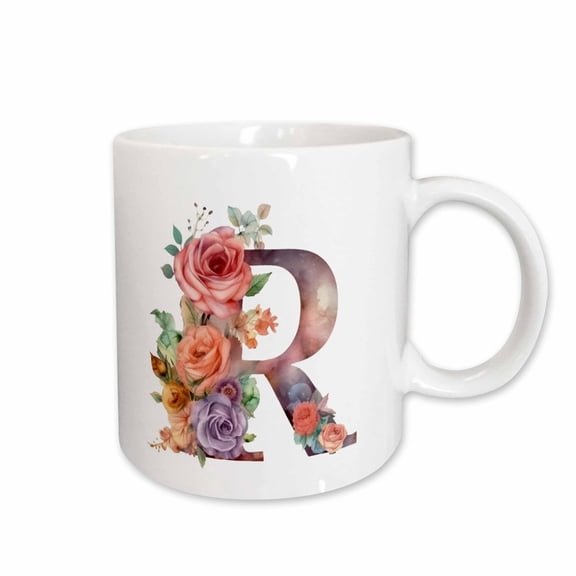 3drose, Pretty Image of Watercolor Floral Monogram Initial R, 15oz Mug