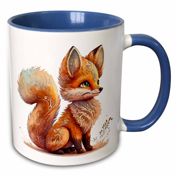 3drose, Pretty Image of Watercolor Ornamental Fox Illustration, 11oz Two-tone Blue Mug