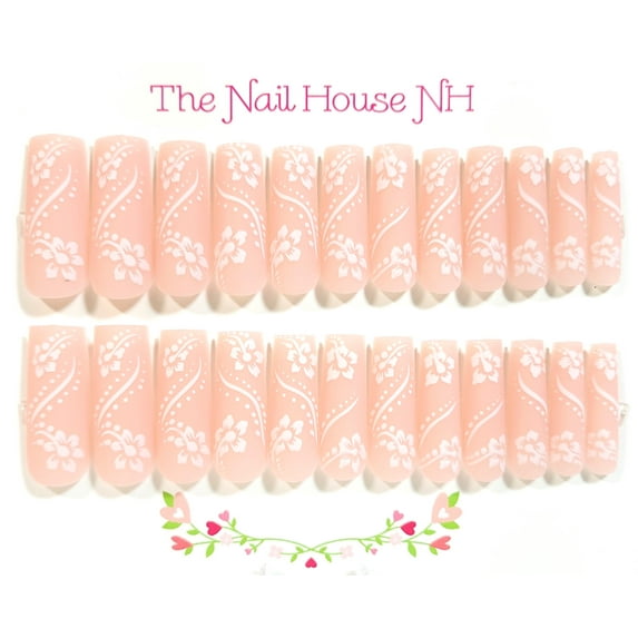 Pretty In Floral Lace Matte Long Square Press On Nails - 24 Pieces - Artificial Nail Kit