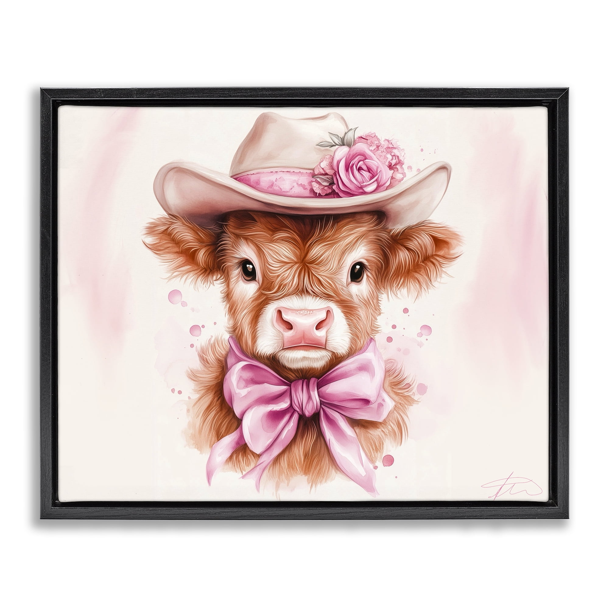 Pretty In Pink Cow Black Framed Floater Canvas Wall Art, design by Shawna Stewart