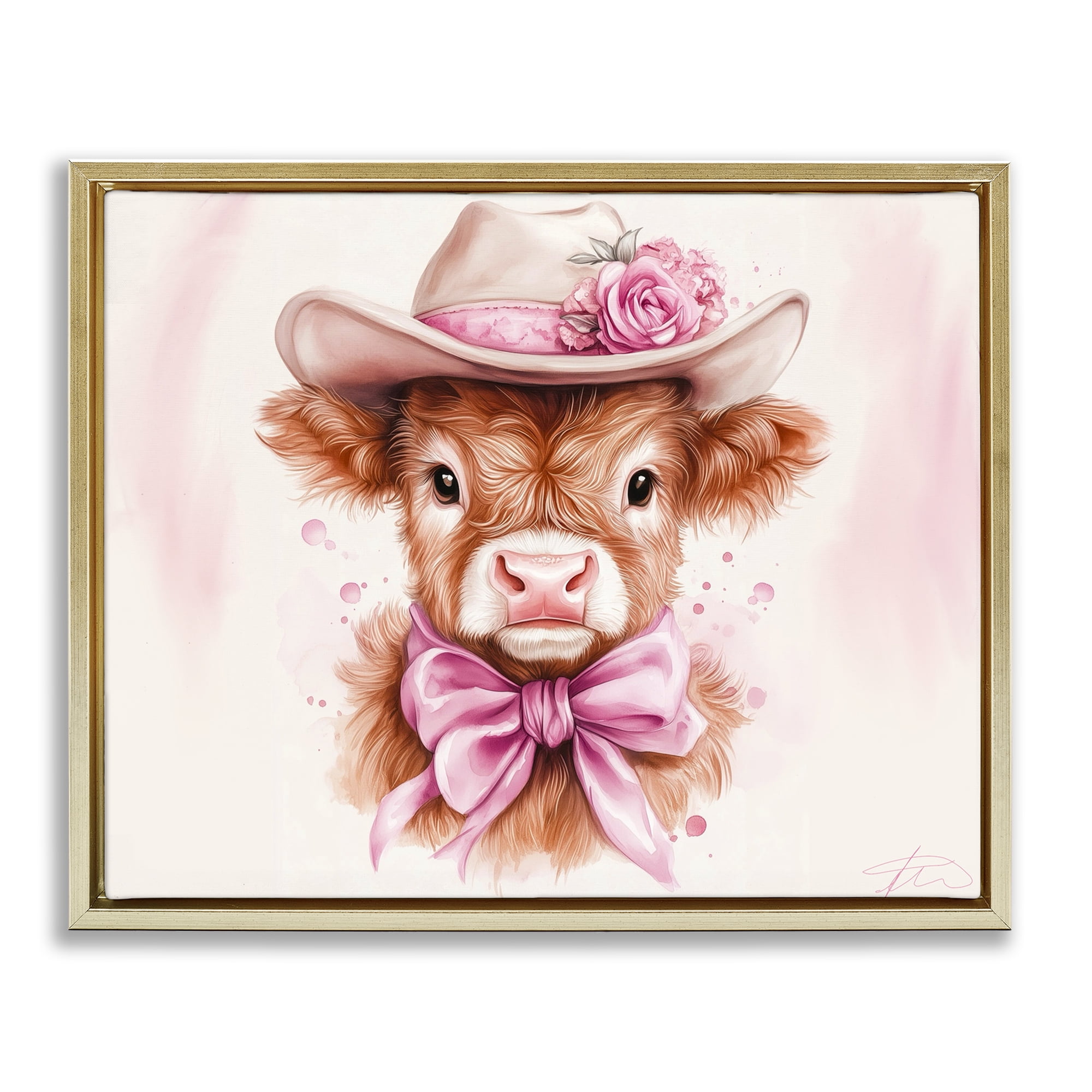 Pretty In Pink Cow Gold Framed Floater Canvas Wall Art, design by Shawna Stewart