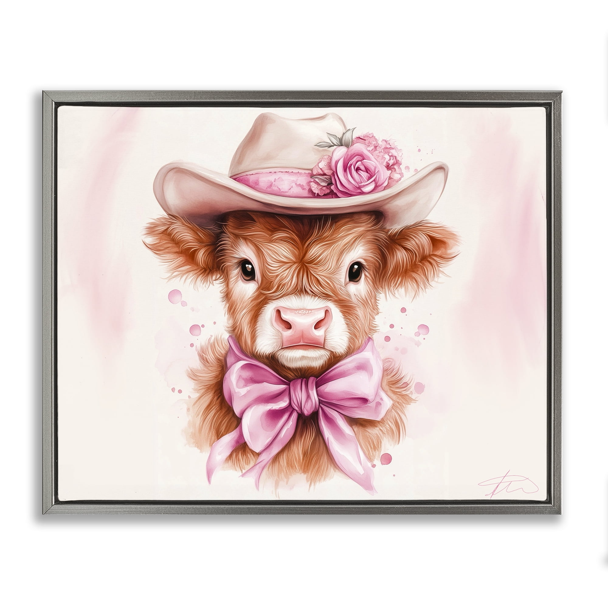 Pretty In Pink Cow Gray Framed Floater Canvas Wall Art, design by Shawna Stewart