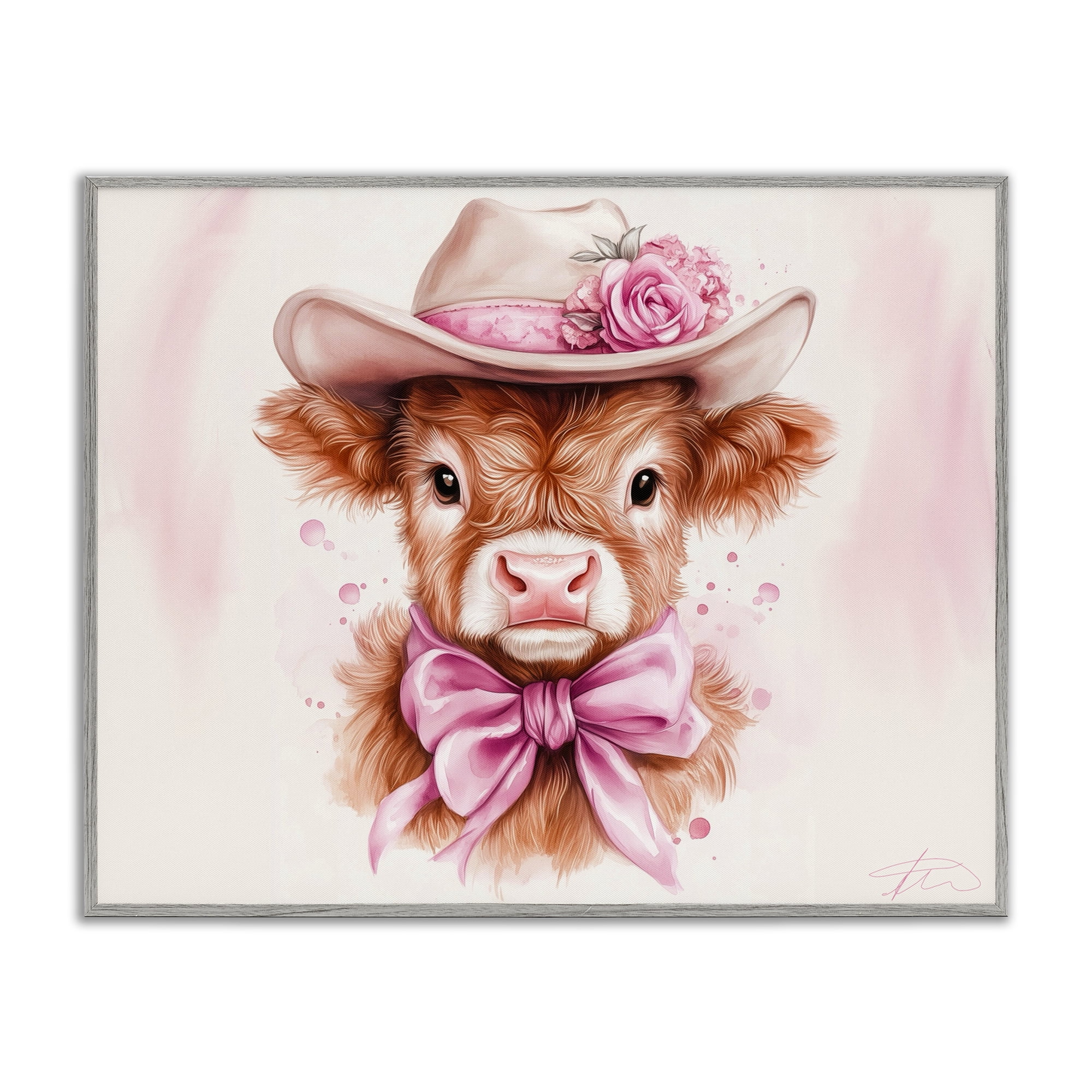 Pretty In Pink Cow Gray Framed Giclee Art, design by Shawna Stewart