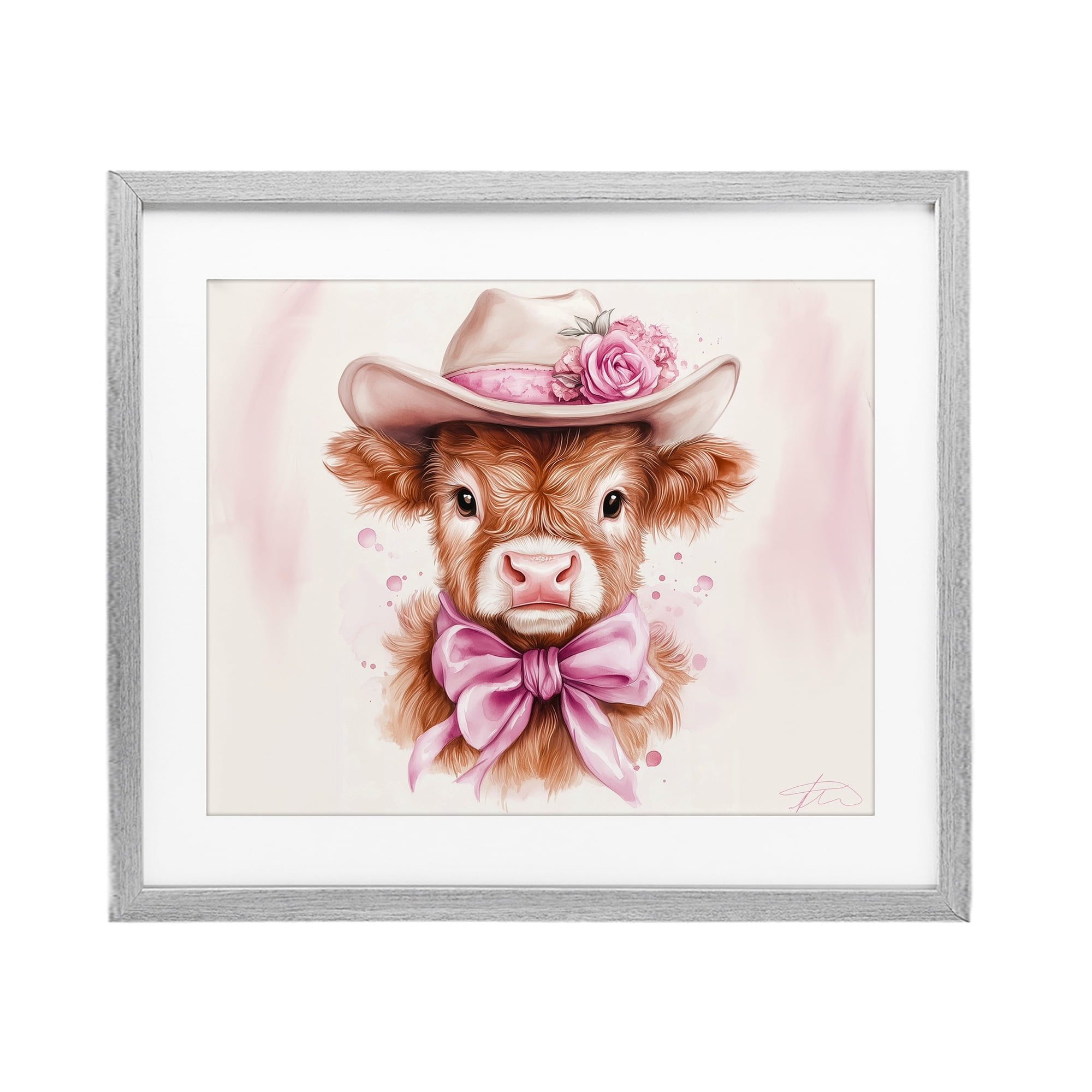 Pretty In Pink Cow Gray Framed Print Under Glass, design by Shawna Stewart