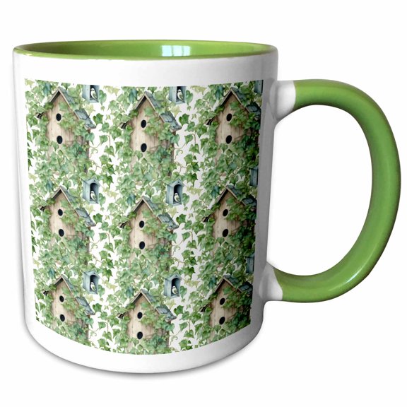 3drose, Pretty Ivy Covered Bird House Pattern, 11oz Two-tone Green Mug