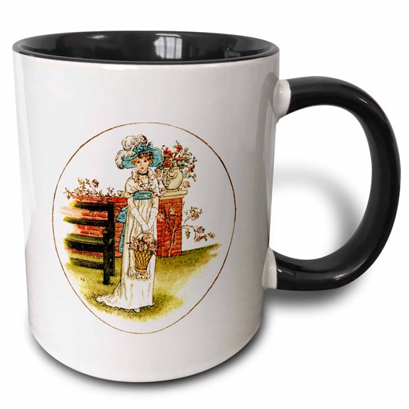 3drose, Pretty Kate Greenaway Illustration of a Girl with a Basket of Roses, 11oz Two-tone Black Mug