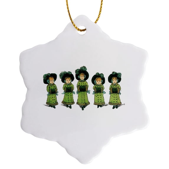 3drose, Pretty Kate Greenaway Illustration of Five Sisters in Winter, 3 inch Snowflake Porcelain Ornament