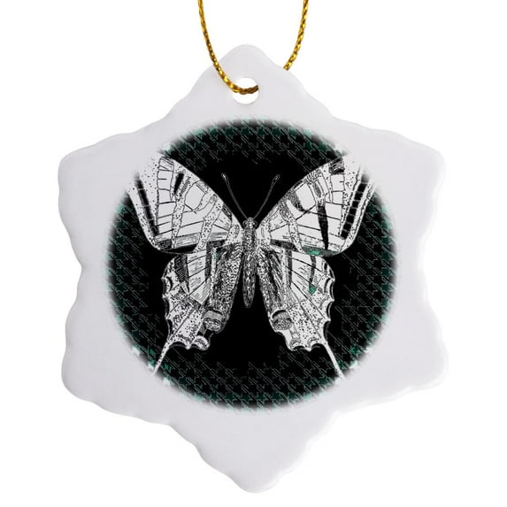 3drose, Pretty Lacey Butterfly on a Green and Black Houndstooth Background, 3 inch Snowflake Porcelain Ornament