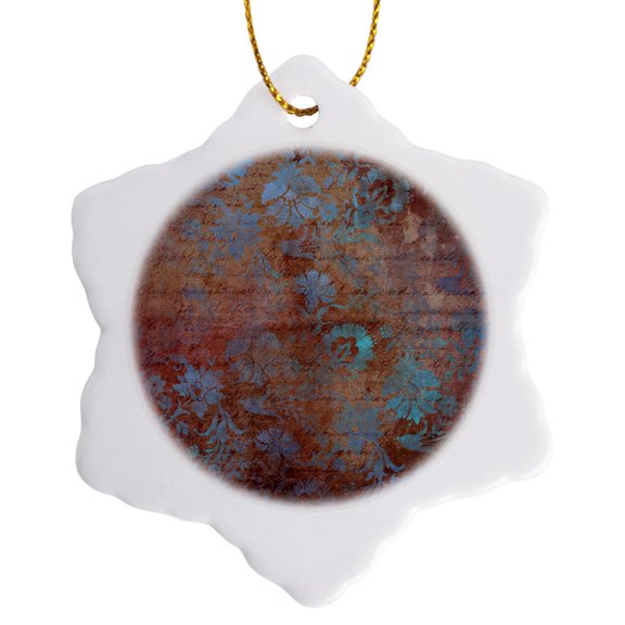 3drose, Pretty Light Blue Art Deco Floral on a Red Ephemra Background, 3 inch Snowflake Porcelain Ornament