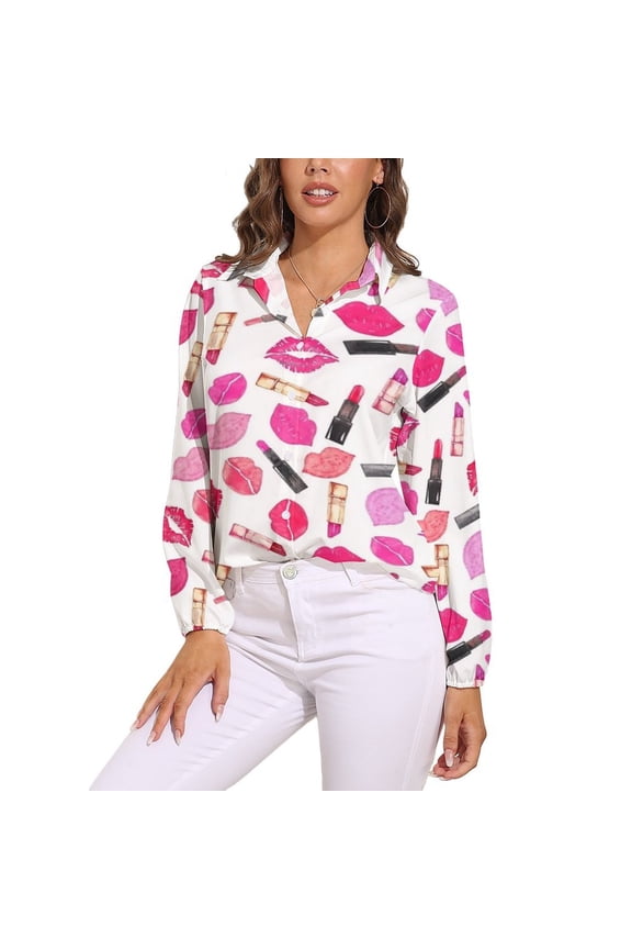 Pretty Lipstick Lip Prints Lipsticks Pattern Long Sleeve Blouse Woman Streetwear Casual Shirts Summer Oversize Woman Streetwear Clothing Birthday Present