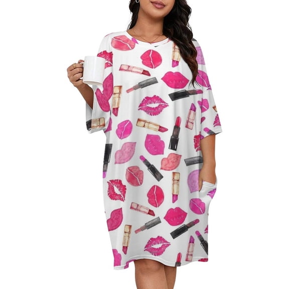 Pretty Lipstick Lip Prints Lipsticks Pattern Sleepshirts For Sleeping Travels Loose Sleepdress Pajama Dress Soft Nightdress Sleepwear