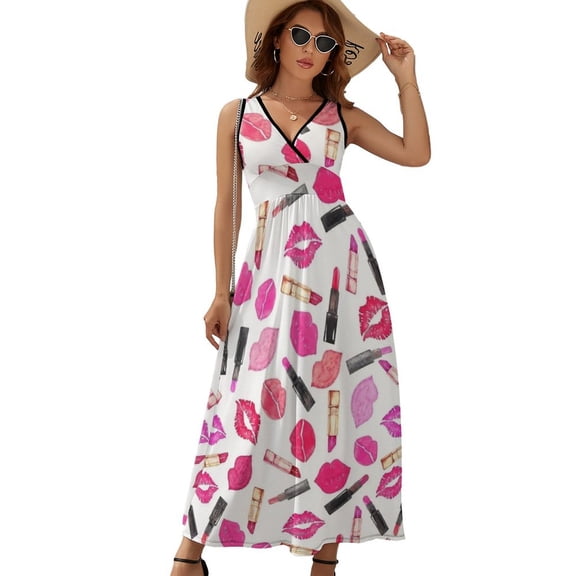 Pretty Lipstick Lip Prints Lipsticks Pattern Womens Night Club Maxi Dress V Neck Sleeveless Bohemia Long Dresses