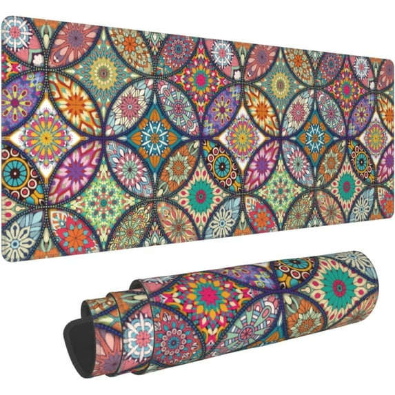 Pretty Mandala Ceramic Rainbow Mouse Pad XL Extended Mouse Mat, Non Slip Rubber Base Stitched Edge Gaming Pc Large Mice Pad 31.5 X 11.8 Inch