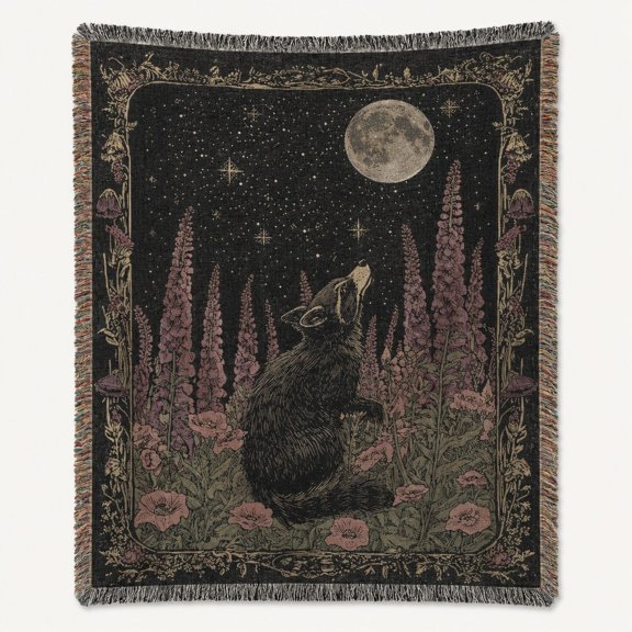 Pretty Messy Moonlit Wolf and Wildflower Woven Blanket, 80 x 60 in