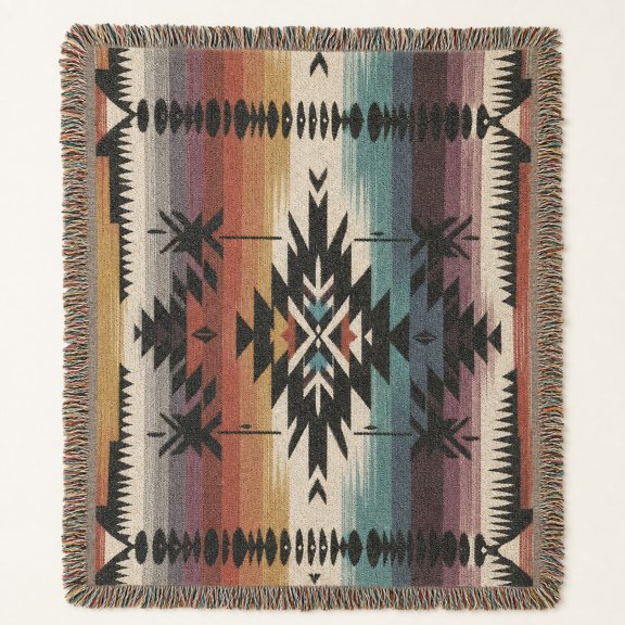Pretty Messy Southwestern geometric Multicolor Woven Blanket 100% cotton Fringed boho Living room decor, 52 x 37 in